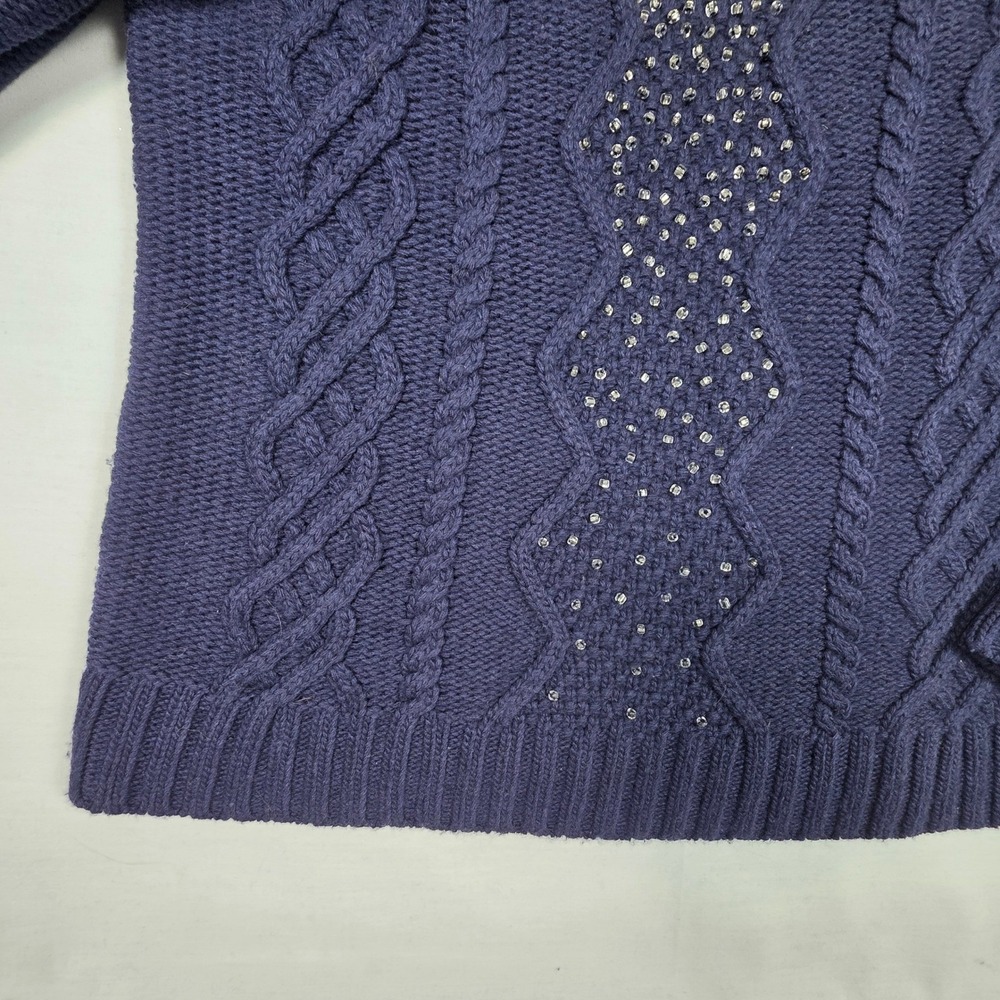 J.Crew Factory Sweater Womens‎ Medium Merino Wool Navy Blue Beaded Cable Knit - Picture 6 of 16